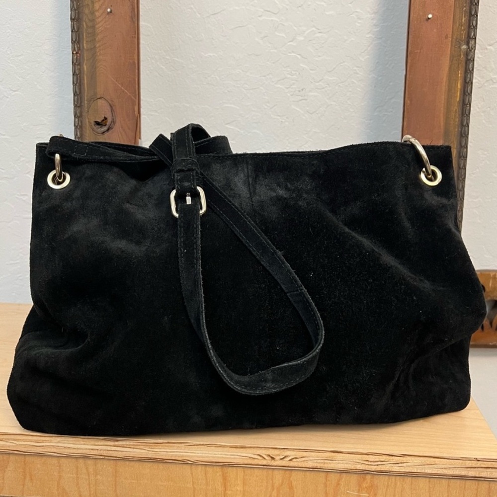 Zara black suede crossbody short bucket bag neutral lined purse closet staple